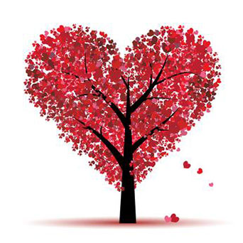 image of heart-shaped tree with heart-shaped leaves falling from it